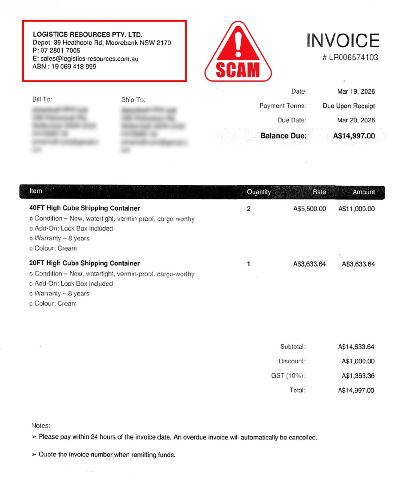 Moorebank Depot Scam Invoice - Mobile Storage
