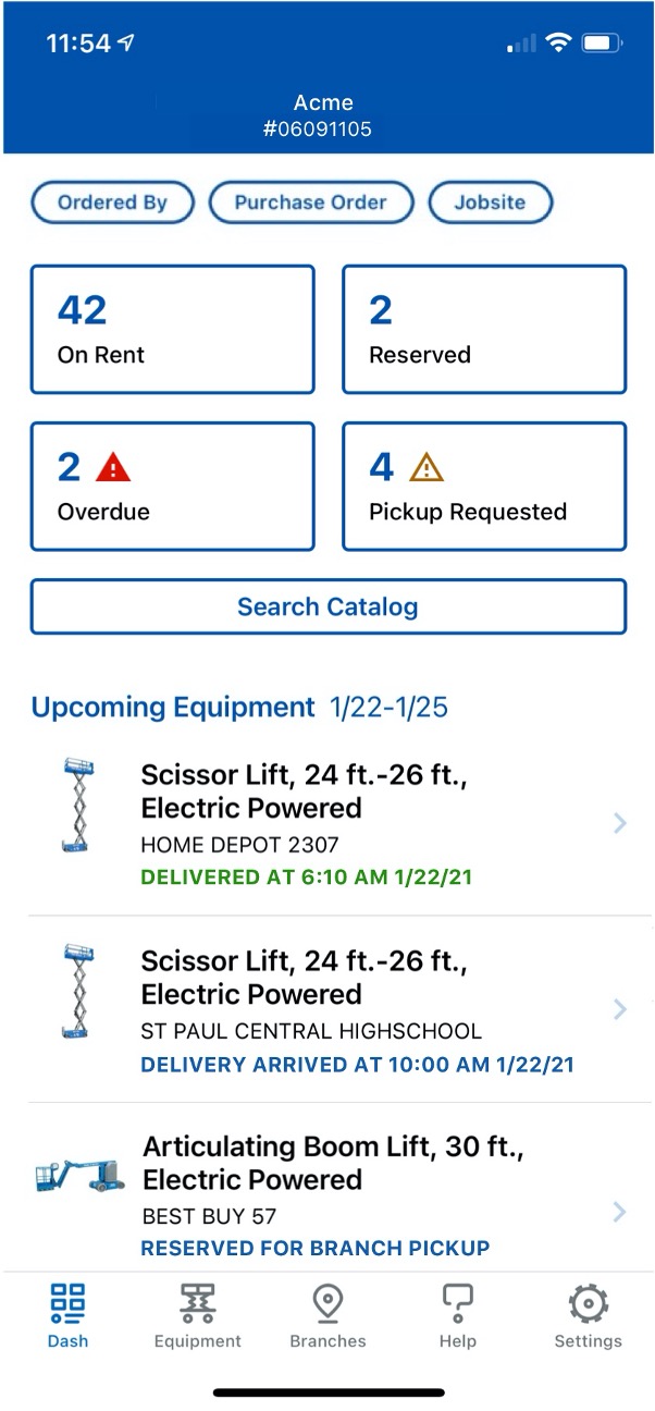 mobile app screen to see status and location of equipment