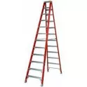 Red step ladder open and on the ground