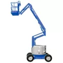 Blue and gray articulating boom lift on wheels with boom partially extended