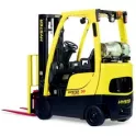 yellow warehouse forklift product shot rearview