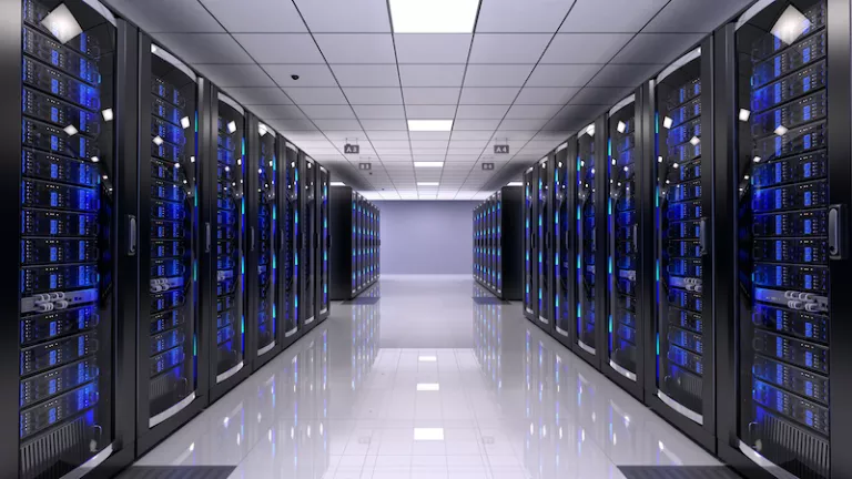 interor of a server room in a data center with white floors
