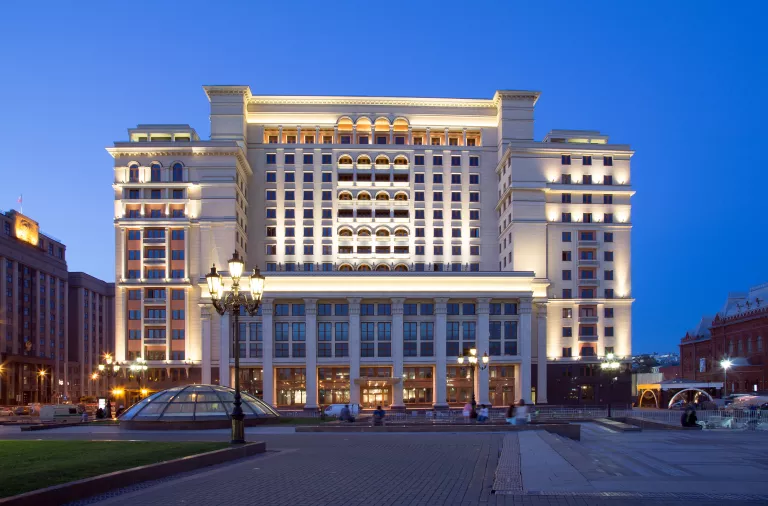 Hotel entrance at sundown 