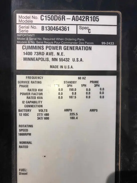 2013 Cummins C150D6R Diesel Generator