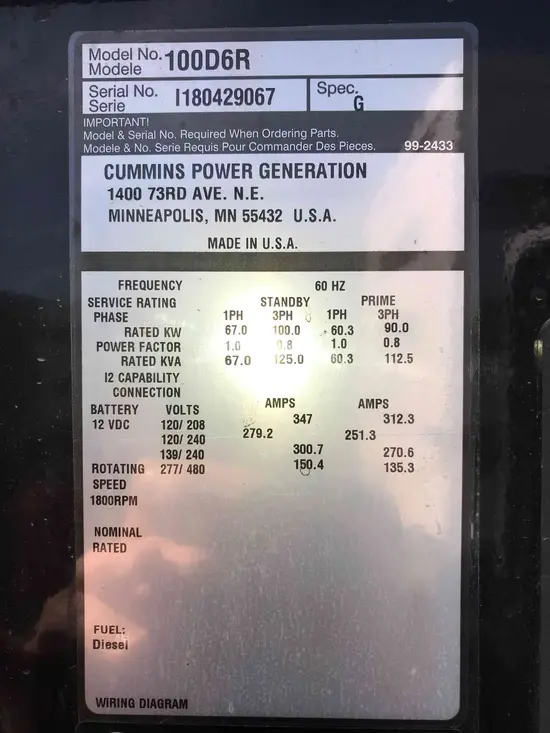 2018 Cummins C100 D6R Diesel Generator
