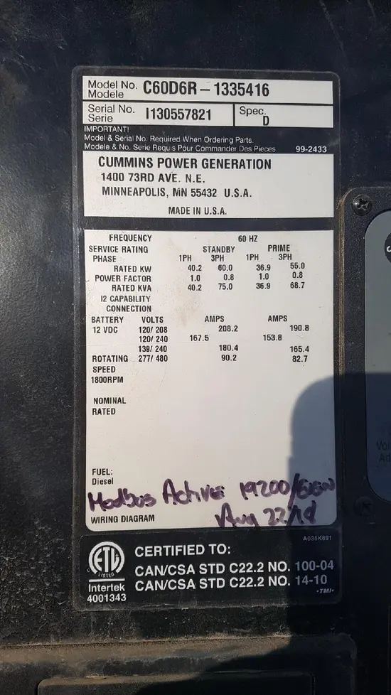 2013 Cummins C60D6R Diesel Generator
