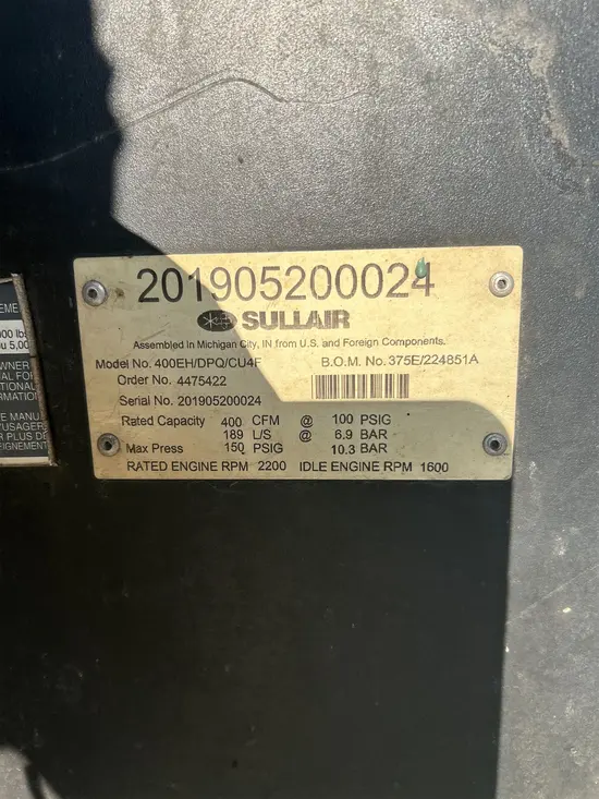 2019 Sullair 400HDPQ-CU Air Compressor