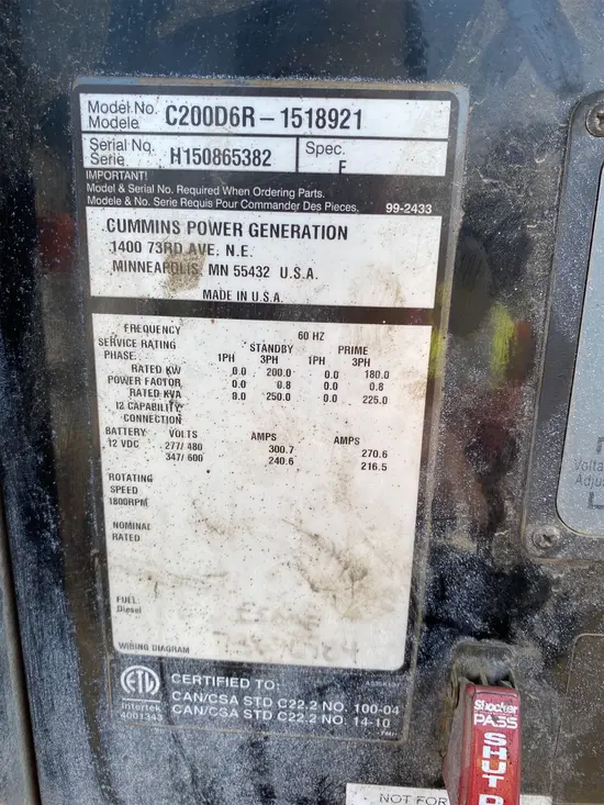 2017 Cummins C200D6R Diesel Generator