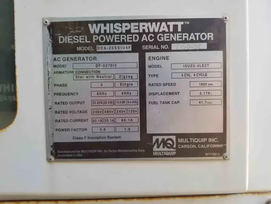 2014 Multiquip DCA25SSIU4F Diesel Generator