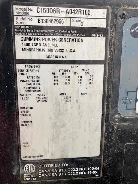 2013 Cummins C150D6R Diesel Generator