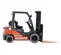 An orange and gray Toyota forklift with orange forks and a propane tank on the back, featuring "United Rentals" branding, shown in a side profile view on a white background.