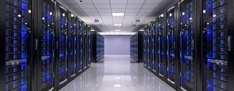 interor of a server room in a data center with white floors