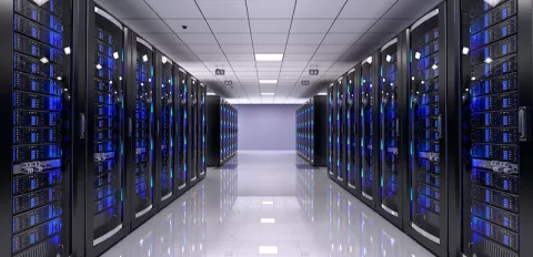 interor of a server room in a data center with white floors