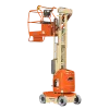 Orange JLG vertical mast boom lift product shot on white background