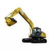 Yellow and black Kobelco excavator with dirt in its bucket