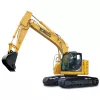 Yellow and black Kobelco excavator with reduced swing