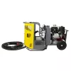 Yellow and gray Atlas Copco portable hydraulic power unit wit the hood open and the hose to the side of unit