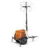 Orange Generac Mobile towable light tower with a 6 kilowatt generator and a vertical mast