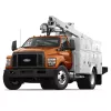 orange and white ford f-750 bucket truck front view