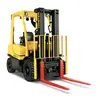 A yellow Hyster H50 forklift with black accents and bright red forks, shown from a front-right, slightly elevated angle on a white background.