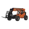 An orange JLG SkyTrak telehandler with a black boom and black forks, viewed from a slightly elevated side angle on a white background.