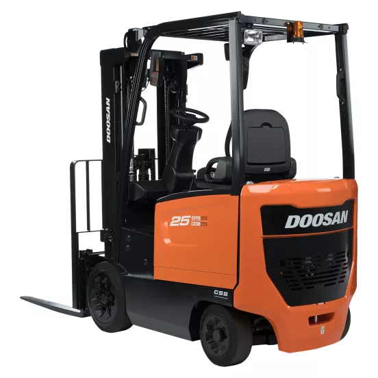 Rear angled view of an orange and black Doosan warehouse forklift with a black mast and forks and an open cabin.