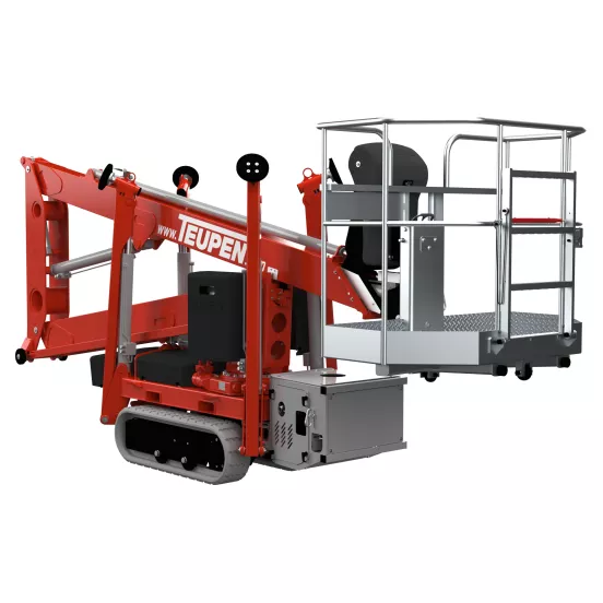 Front angled view of a red and gray Teupen atrium lift with platform and safety rails.