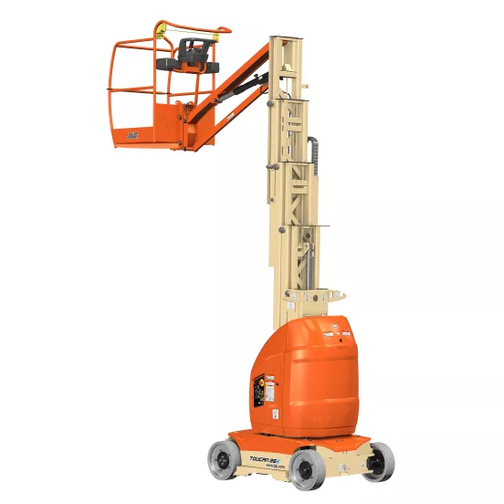 Side view of orange and beige JLG electric vertical mast lift with safety guardrails and compact base.