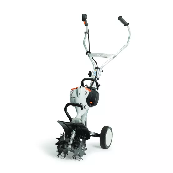 White and silver and black STIHL Hand-held Tiller, Two-cycle Engine