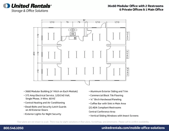 Mobile Office Floor Plan GENERIC 60 ft. by 36 ft. Modular Office Building, 6 Offices, 2 Restrooms
