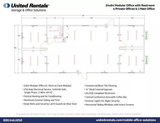 Mobile Office Floor Plan GENERIC 64 ft. by 24 ft. Modular Office Building, 4 Offices, 1 Restroom