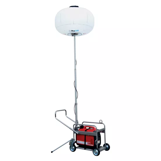 Red, gray and black MULTIQUIP Balloon Light Stand with Cart, 1,000-1,600W