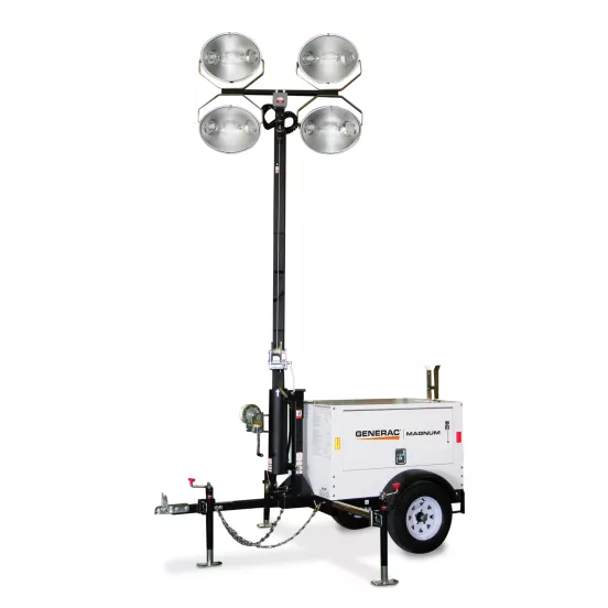 White and black GENERAC Towable Light Tower with 6kW Generator, 4,200W, 30 ft. Vertical Mast, Diesel Powered