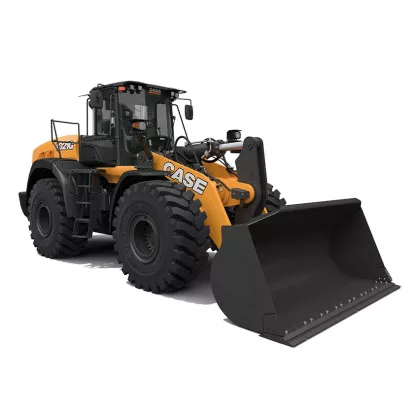 Orange and black Case wheel loader with bucket lowered