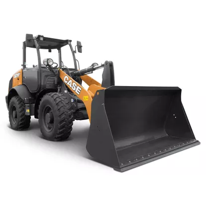 Orange and black Case wheel loader with its bucket down
