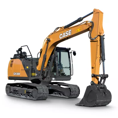 Orange and black Case excavator with boom lowered and cab partially in view
