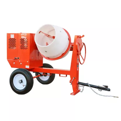 Red and white Multiquip 6 cubic foot towable concrete mixer