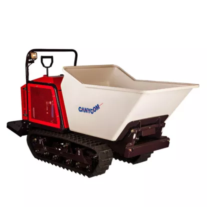 Red and black Canycom concrete buggy with tracks and a white bucket