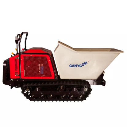 Red and black Canycom concrete buggy with tracks and a white bucket