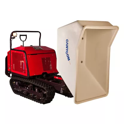 Red and black Canycom concrete buggy with tracks and a white bucket tilted to dumping position