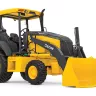 Yellow and black John Deere 4WD backhoe loader with a 17 ft. dig depth