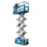 Blue Genie 19 ft. extended electric powered scissor lift with a worker on the platform