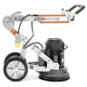 Orange, silver and gray Husqvarna electric single head walk-behind concrete grinder with handle folded down