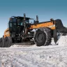 Orange and black Case 200 horsepower motor grader with snow, ice and dirt being moved by the 14 foot blade
