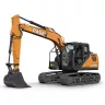 Orange and black Case excavator with boom lowered and cab in view