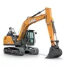Orange and black Case excavator with boom lowered and cab in partial view