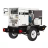 White Multiquip towable diesel powered generator attached to trailer with compartment doors open