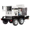 White Multiquip towable tier 4 diesel powered generator attached to trailer with compartment doors open
