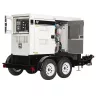White Multiquip tier 4 generator attached to trailer with compartment doors open