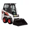 White, black and red Bobcat skid steer with a black bucket